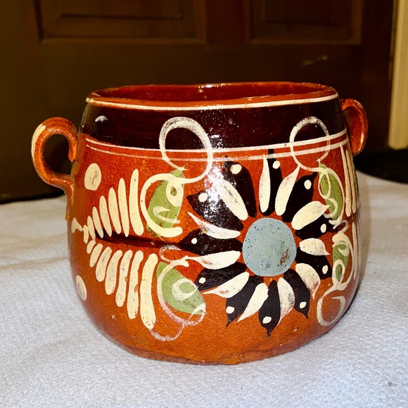 Mid Century Tlaquepaque Bean Pot Redware Pottery Mexico Hand Painted Vintage - Picture 2 of 12